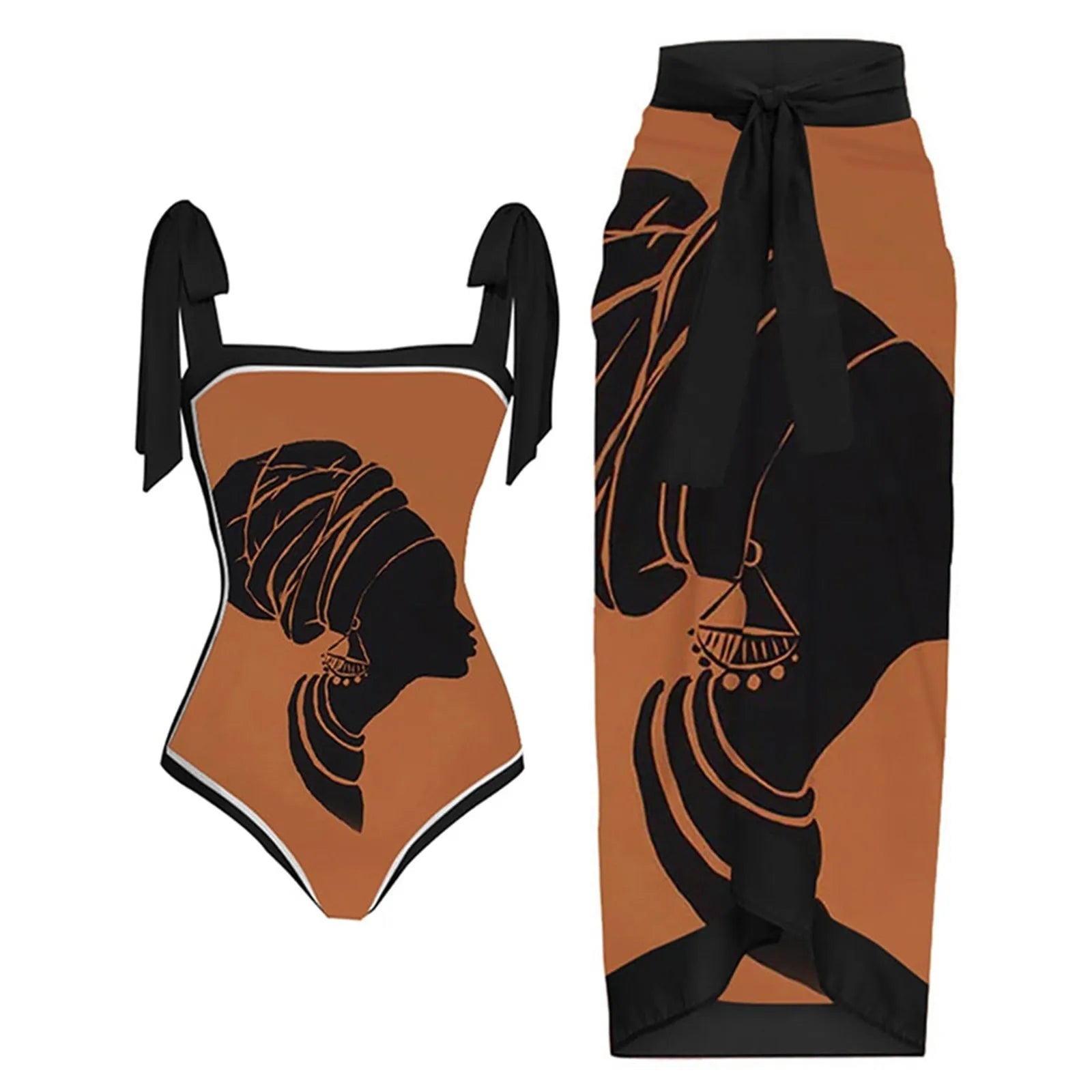 Women Vintage Colorblock Abstract Floral Print 1 Piece Swimwear+1 Piece Cover UP Two Micro Bikinis Summer Outing Coffee