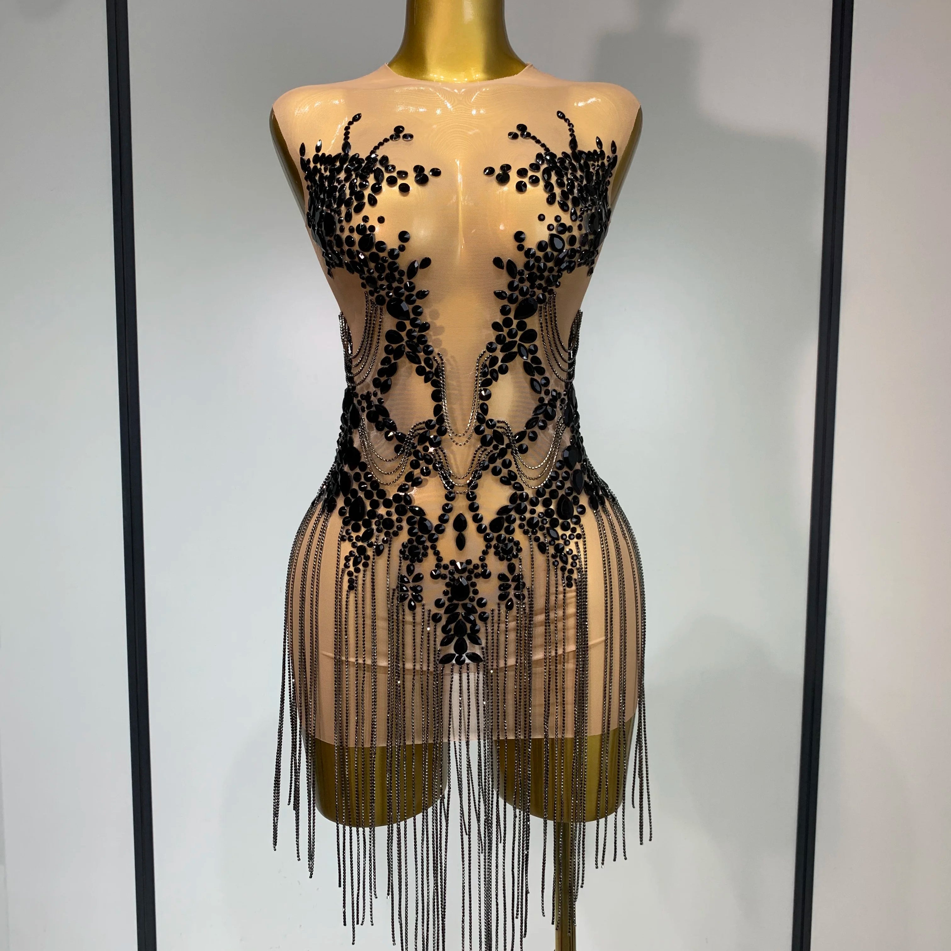 Luxury Rhinestones Chain Sleeveless Mini Dress Celebrity Elegant Sexy Performance Dance Nightclub Outfit Birthday Party Dress