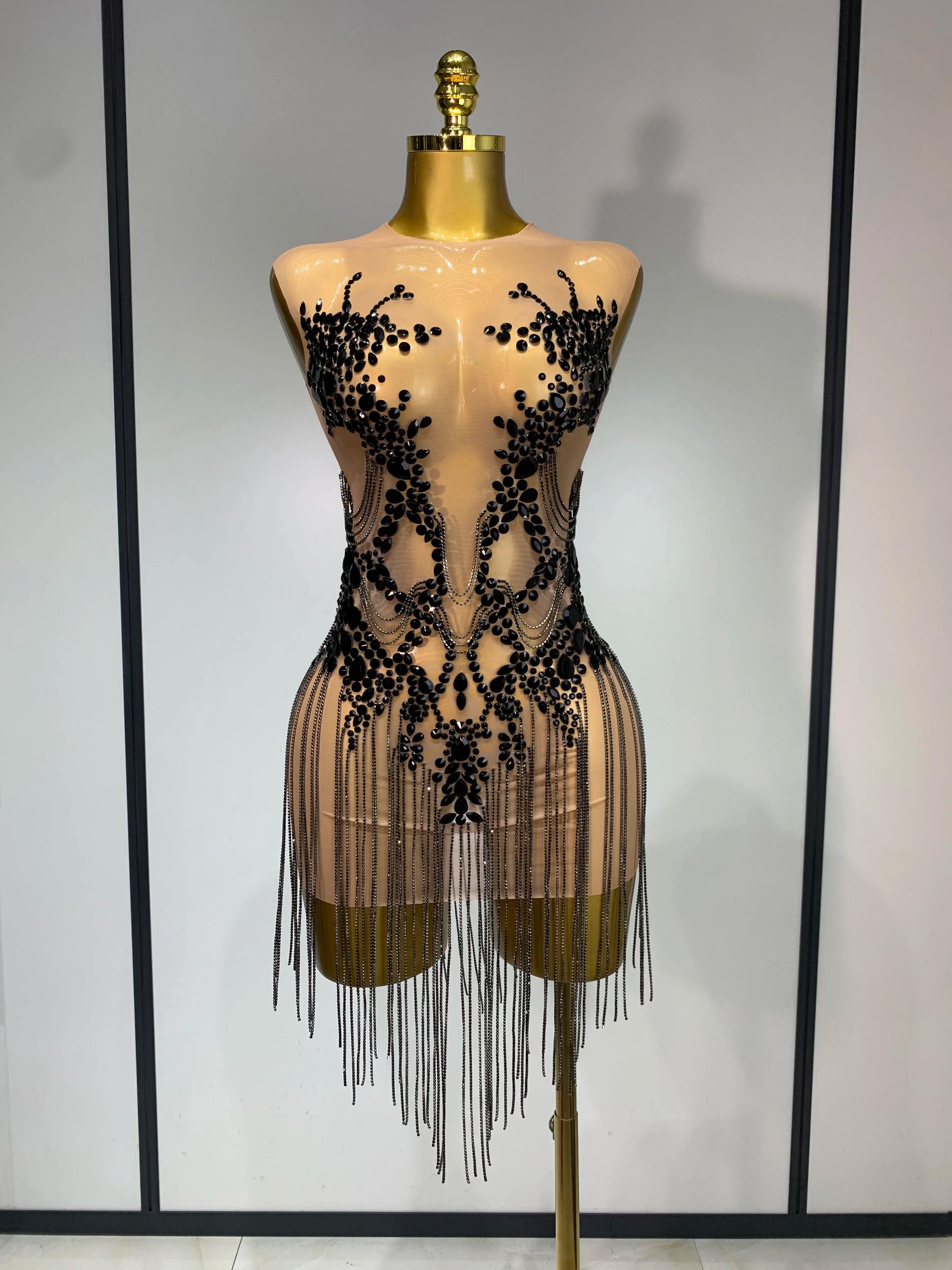 Luxury Rhinestones Chain Sleeveless Mini Dress Celebrity Elegant Sexy Performance Dance Nightclub Outfit Birthday Party Dress