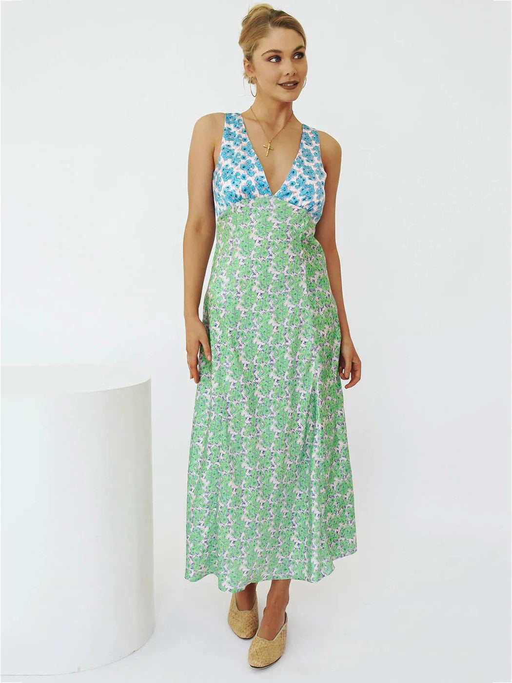 Floral Print Female Long Dress High Waist Lace-up V-neck Slim Sleeveless Fashion Sundress Casual Summer Dress Vestido Robe A93 green