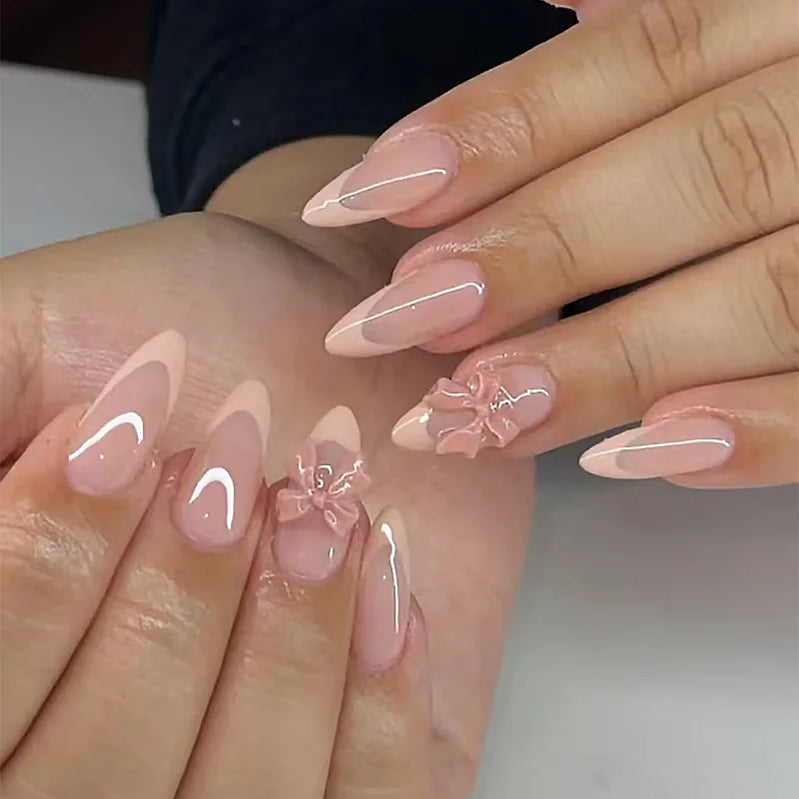 24Pcs Fashion Almond Head Full Cover Nail Tips Nude Pink Oval Press on Fake Nails Short False Nails with Red Love Pattern Design