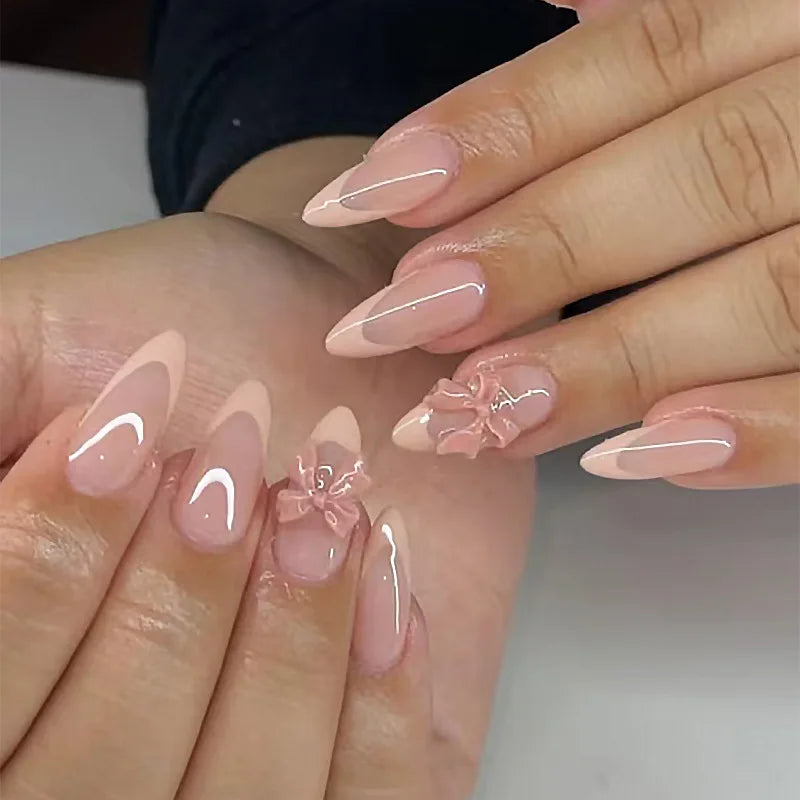 24Pcs Fashion Almond Head Full Cover Nail Tips Nude Pink Oval Press on Fake Nails Short False Nails with Red Love Pattern Design