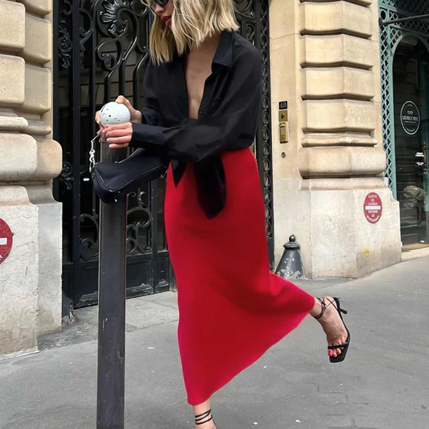 Bclout Fashion Satin Red Skirts Women Elegant Solid High Waist Office Lady Skirts Vintage Thin Party Slim Long Skirts Sexy