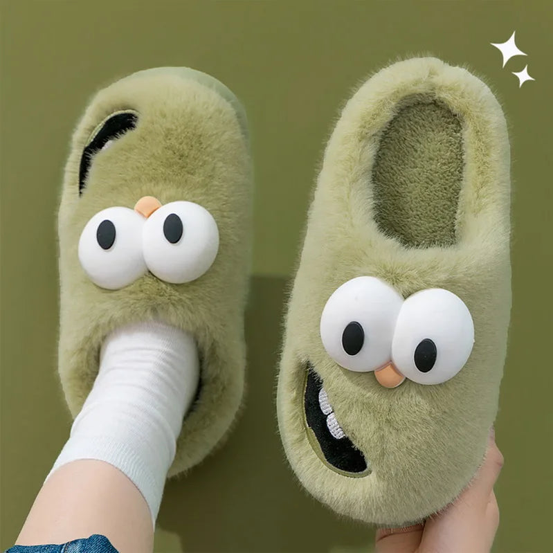 Lovely Cute Cat Slippers Fluffy Furry Women Home Platform Slippers Men Winter Plush Slides Indoor Fuzzy Slippers Cotton Shoes StyleC-Green