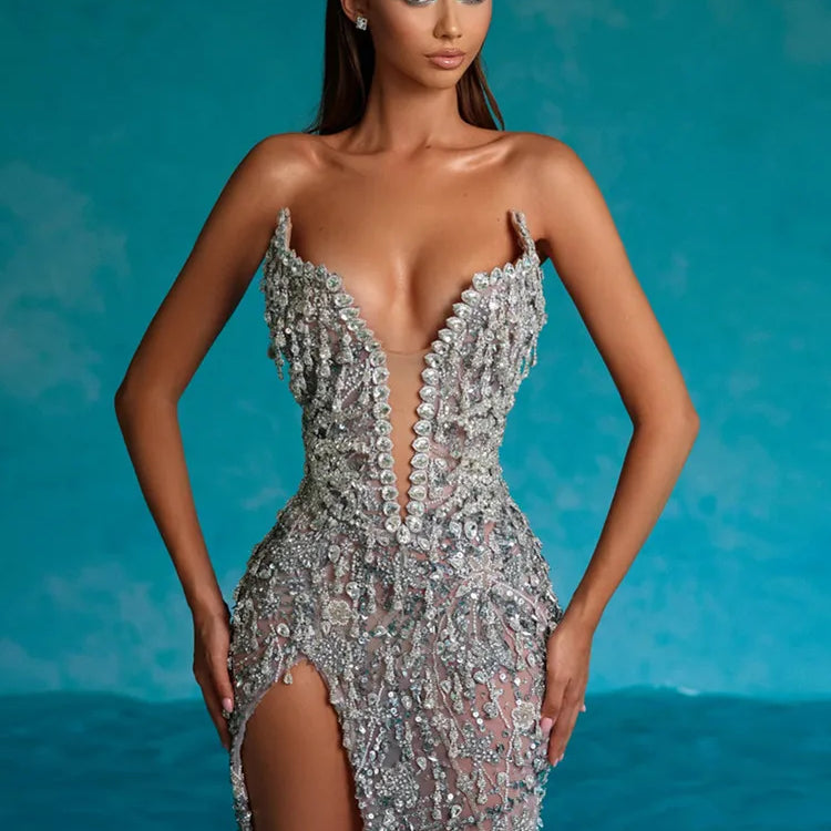 Luxury Sexy Strapless Feather Sequins Silver Beading Maxi Long Women Celebrity Dress Elegant Party Evening Vestido