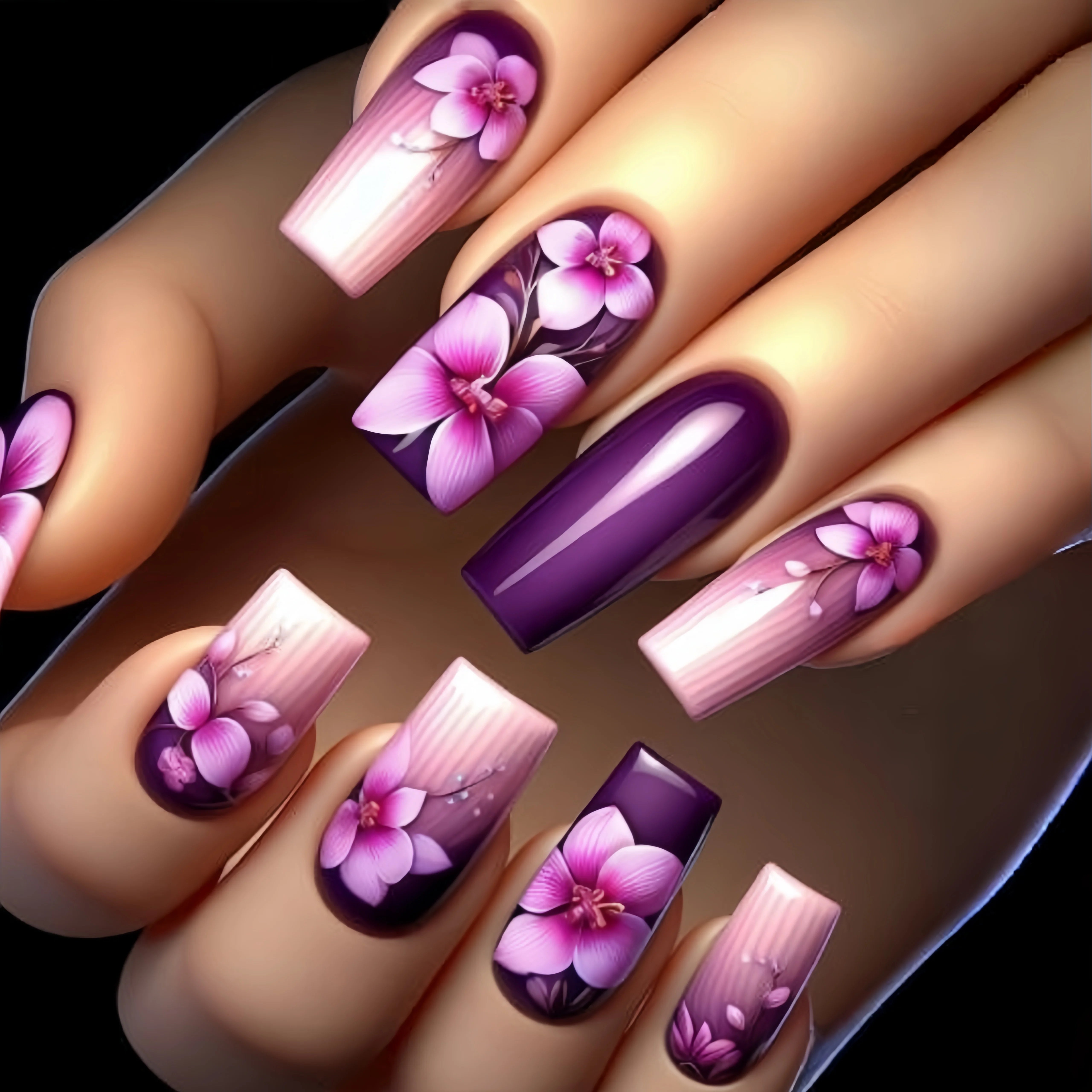 Medium and long square-shaped European manicure, fashionable manicure for New Year and spring and summer, purple gradient flower