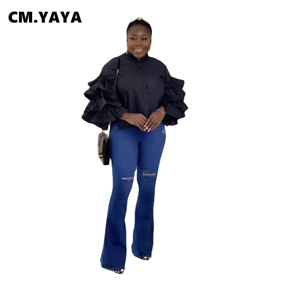 CM.YAYA Women Shirts Solid Full Ruffles Sleeve Turn-down Collar Single Breasted Loose Shirts Office Lady Streetwear Summer Tops