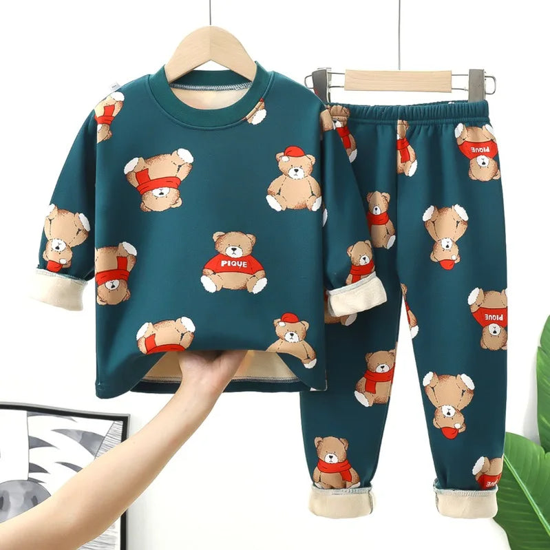 Children's warm underwear set for boy middle and girls plush and thick autumn clothes autumn pants baby pajamas baby and toddler