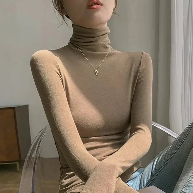 Turtleneck Undershirt Thin Velvet Slim Solid Color Women's Long Sleeved Pullover Simple Casual Korean Fashion Autumn Winter khaki