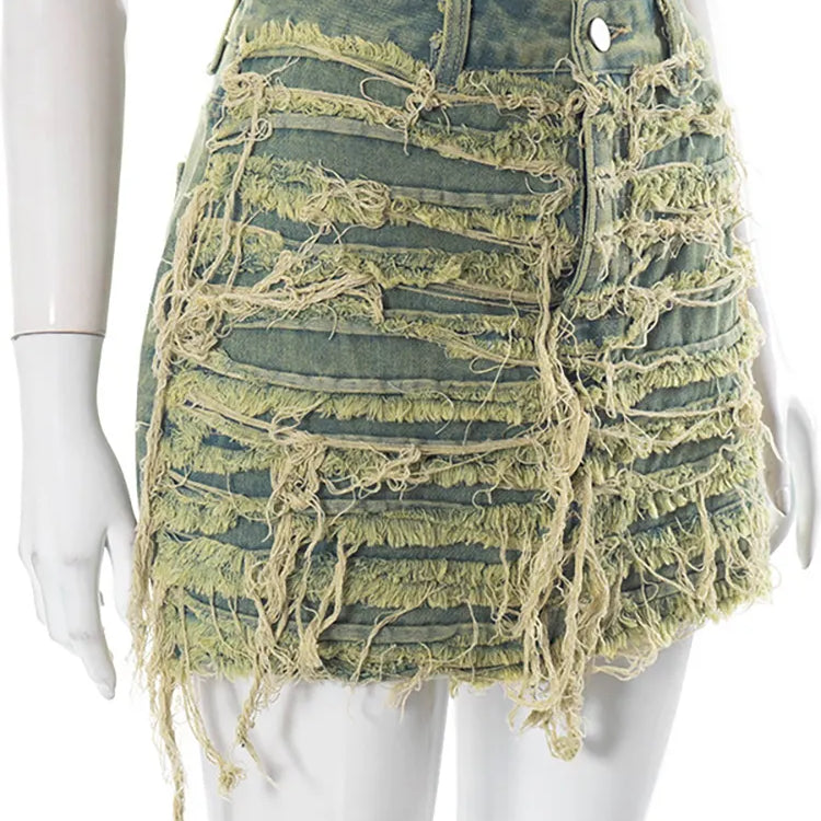 Women's Denim Skirt Do Old Solid Color Burrs Tassel Slim High Waist Short A-line Mini Skirt Autumn Fashion