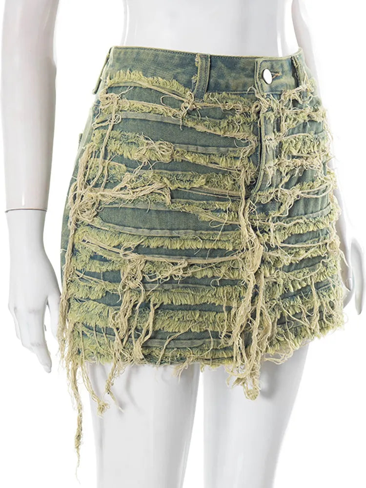 Women's Denim Skirt Do Old Solid Color Burrs Tassel Slim High Waist Short A-line Mini Skirt Autumn Fashion