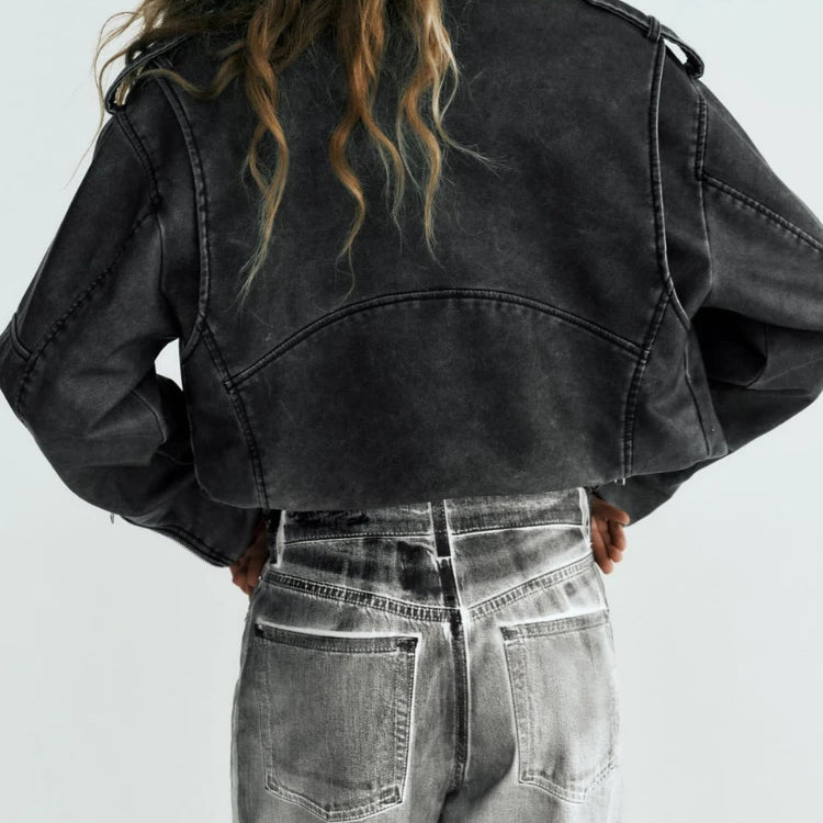 Women's PU Leather Short Jacket Coats Lapel Collar Long Sleeves Distressed Faux Leather Biker Jacket Female Chic Outerwear