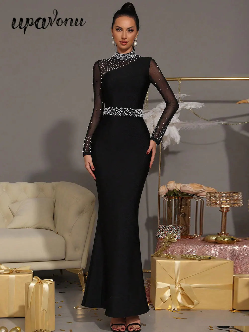 2025 Sexy Women Light Luxury Nail Bead Patchwork Bandage Dress Stand Collar Long Sleeved Bodycon Black Long Dress Party Vestidos