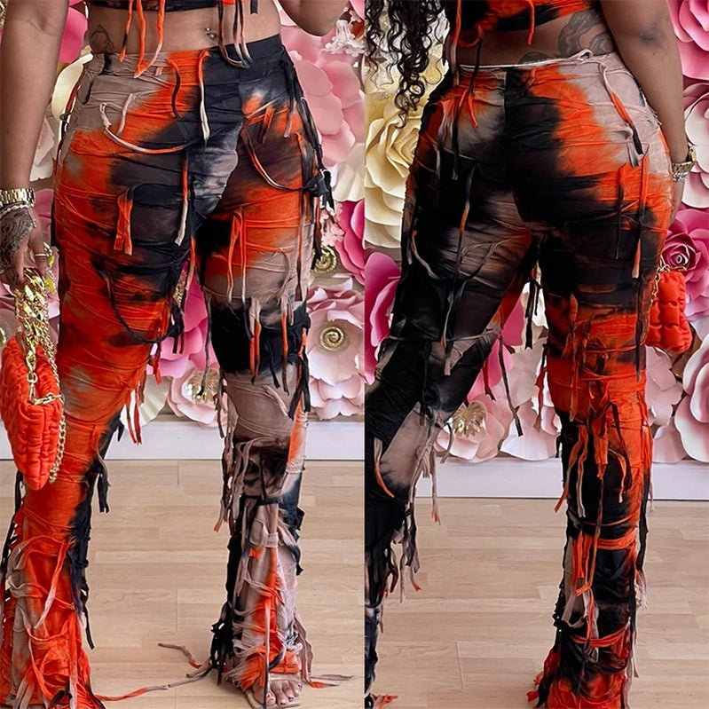 Autumn Tie-Dyed Collision Tassel High Waist Pants Skinny Casual Flared Trousers Women Slim Peculiar Fashion Streetwear