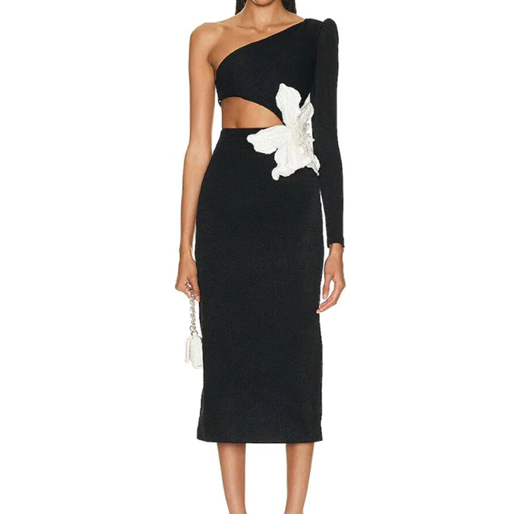 Autumn Women's Sexy One Shoulder Long Sleeve Hollow Out Flower Bandage Midi Dress Bodycon Celebrity Party Evening Dress black