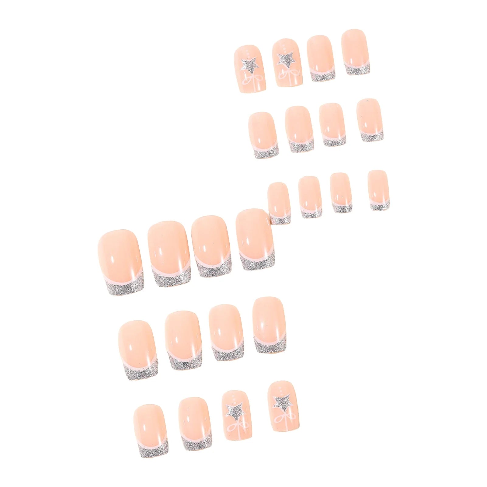 Nude Color Square Fake Nails for Christmas Party Silver French Press On Nails Star/Bowknot Designs Reusable False Nails Patches