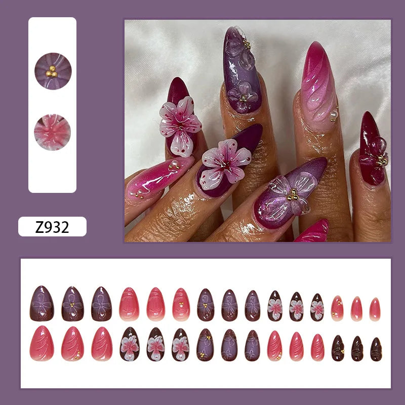 24pcs Flower Printed Fake Nail Tips INS Gradient Color Short Almond False Nails for Women Wearable European Press on Nails