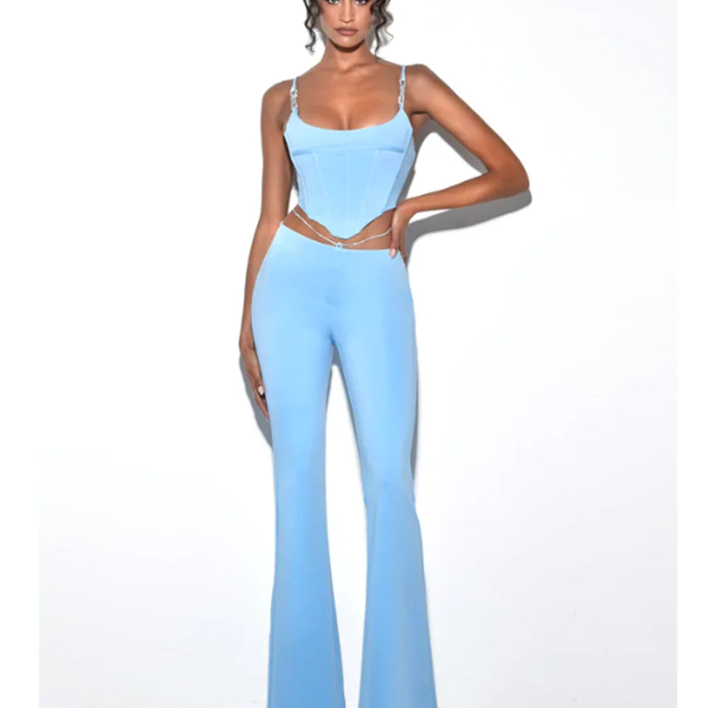 High quality Blue Black Chain Sexy Two Pieces Set Bodycon Rayon Bandage Set Evening Party Sexy Fashion Outfit