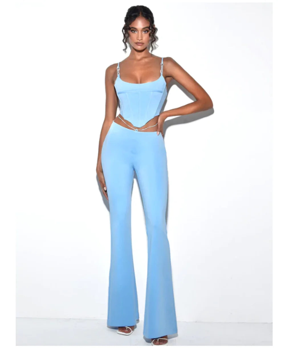 High quality Blue Black Chain Sexy Two Pieces Set Bodycon Rayon Bandage Set Evening Party Sexy Fashion Outfit