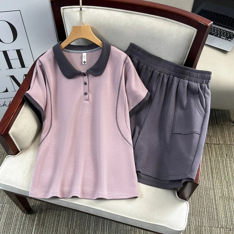 Plus Size Women's Set Casual Color Blocking Short Sleeve Tops And Grey Shorts Two Piece 100KG Sports Suit Summer 2025