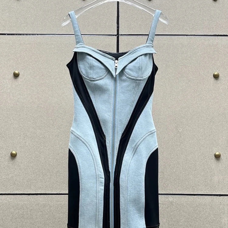 DEAT Streetwear Patchwork Contrast Color Denim Dress For Women Sleeveless Zipper Short Dresses Summer Female New 11XX4973 Picture Color