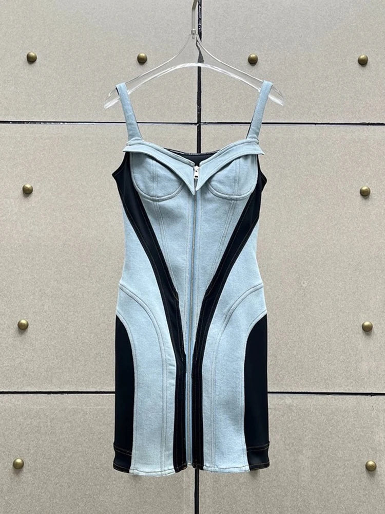 DEAT Streetwear Patchwork Contrast Color Denim Dress For Women Sleeveless Zipper Short Dresses Summer Female New 11XX4973 Picture Color