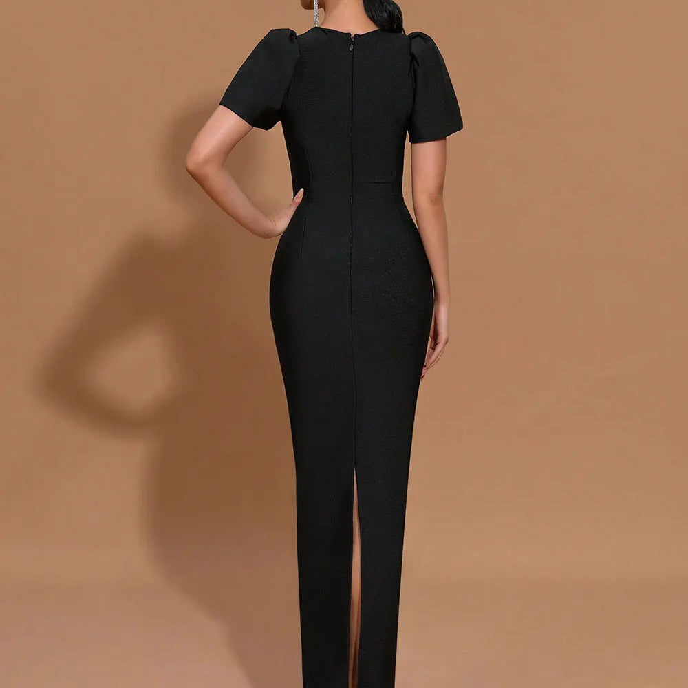 2025 Sexy Women Three-Dimensional Heart-Shaped Design Hollow Bandage Dress O-Neck Short Sleeved Bodycon Black Long Dress Vestido