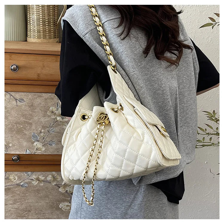 Fashion Quilted Bucket Bag for Women - Simple Chain Crossbody Shoulder Bag, Daily Use Leather Purse