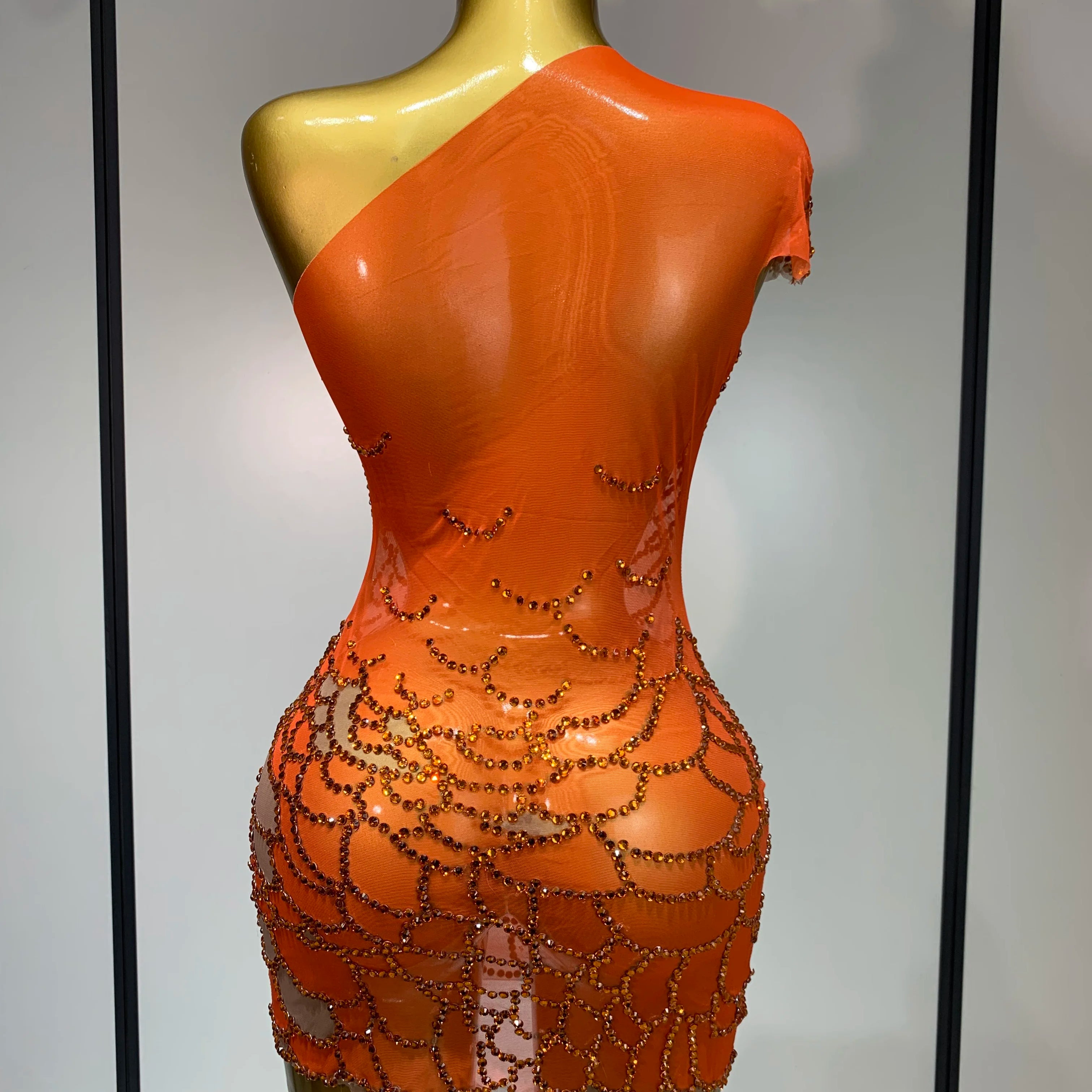 Women Sexy Mesh See Through One Shoulder Rhinestones Stage Costume Singer Nightclub Evening Party Luxury Birthday Mini Dresses