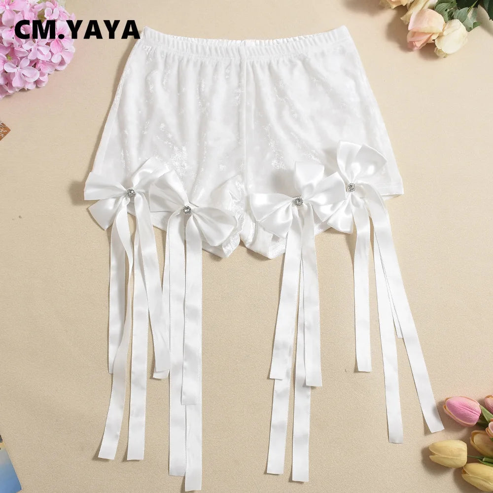 CM.YAYA Women's Set Bow O-Neck Mesh Long Sleeve Tops + Velvet Shorts Suits Streetwear Sexy Two 2 Piece Outfits Tracksuits Summer