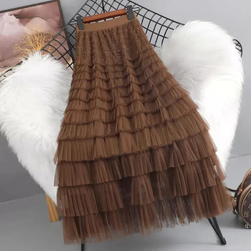 Spring Summer Women High Waist Slim Long Skirt Lolita Style Sweet Multilayered Mesh Patchwork Cake Skirt Brown One Size