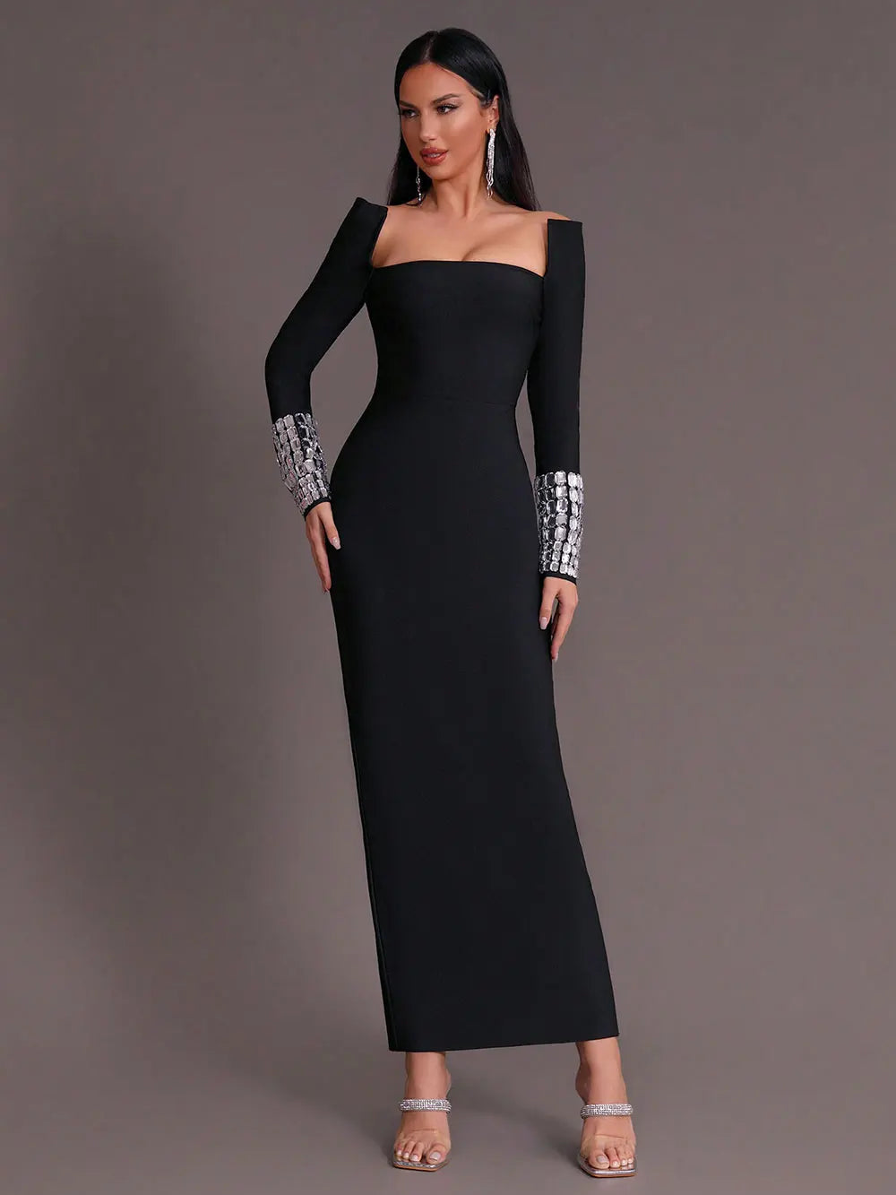 2025 New Women'S Elegant Bandage Dresses Square Neck Long Sleeved Nail Bead Design Bodycon Long Dress Evening Party Vestidos