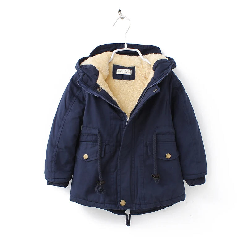 Boys Coats Autumn Winter Fashion Hooded Fur Children's Plus Velvet Warming Cotton Outerwear For Kids Jacket 5-14 Years Navy blue 02