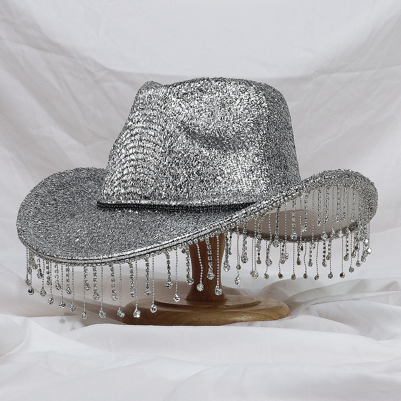 Silver Lady Western Cowboy Hat Rhinestone Tassel Party Hat Stylish Soft Duffle Hat Wide Brim Shade Outdoor Casual Silver 57