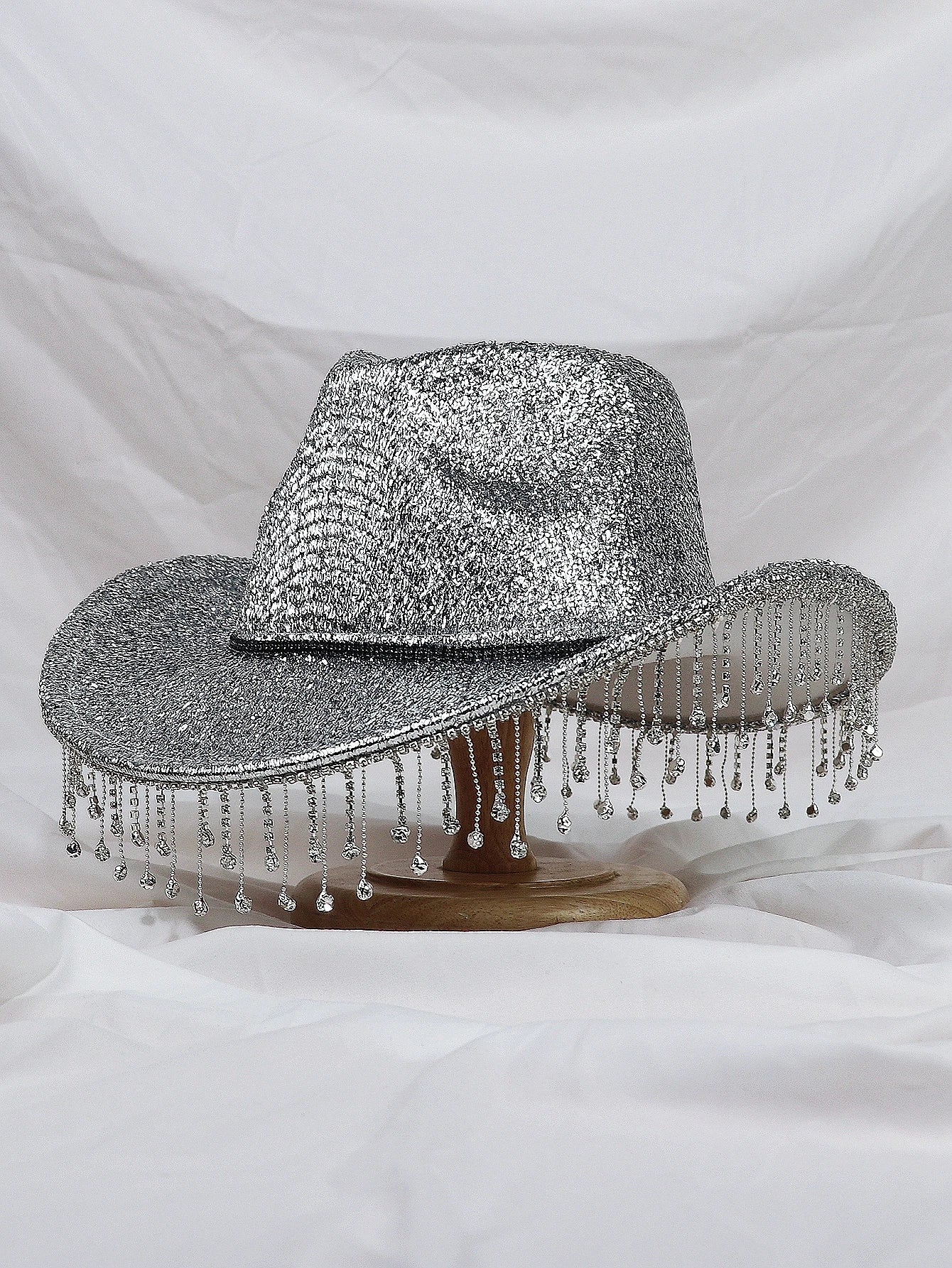 Silver Lady Western Cowboy Hat Rhinestone Tassel Party Hat Stylish Soft Duffle Hat Wide Brim Shade Outdoor Casual Silver 57