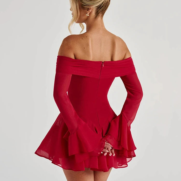 Strapless Long Flare Sleeve Sexy Mini Dress For Women Robe Off-shoulder Backless High Waist A-line Club Party Dress