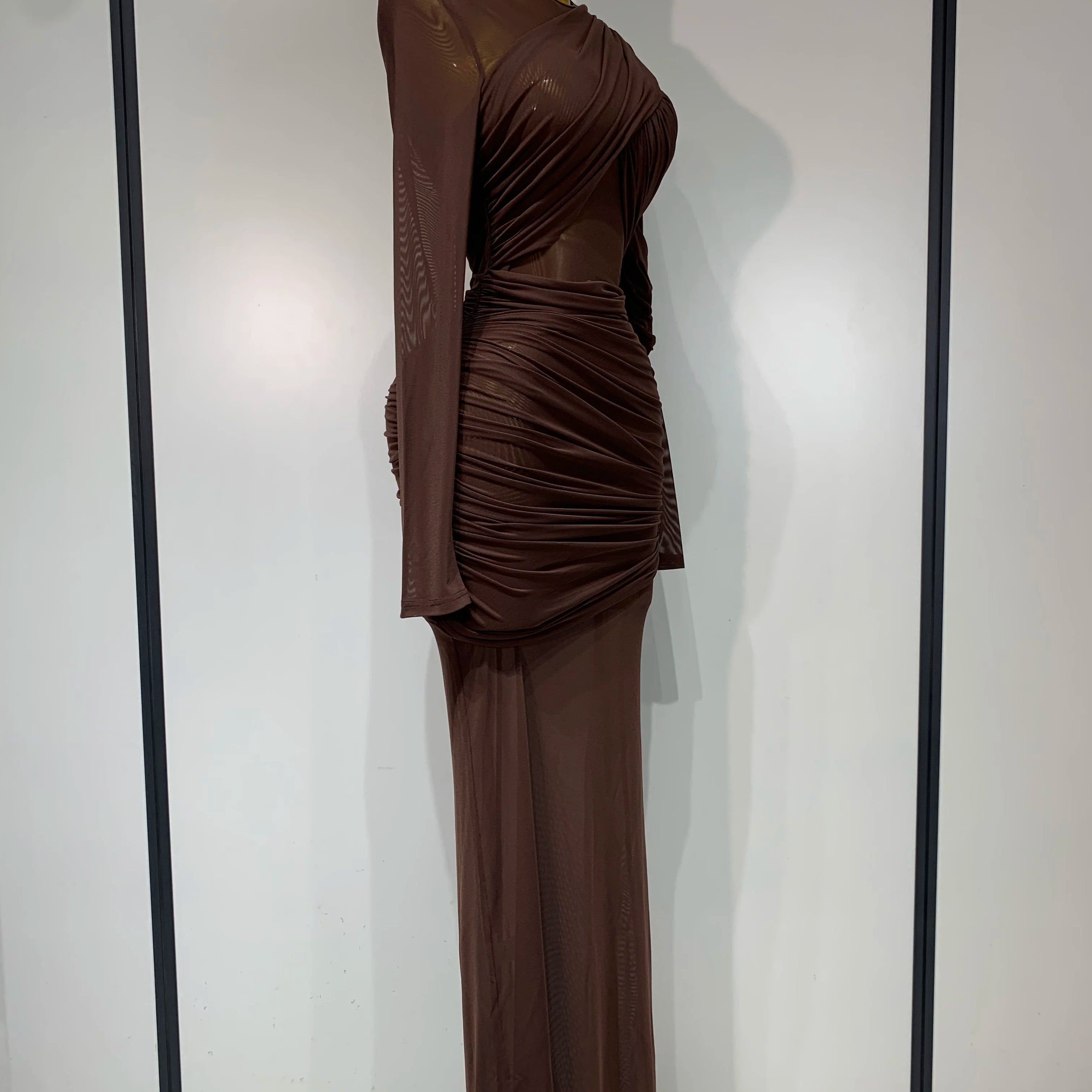 Elegant Brown Mesh Fold Long Sleeve Bodycon Dress Women 2025 Evening Party Club Sexy Perspective Fashion Luxury Birthday Dresses