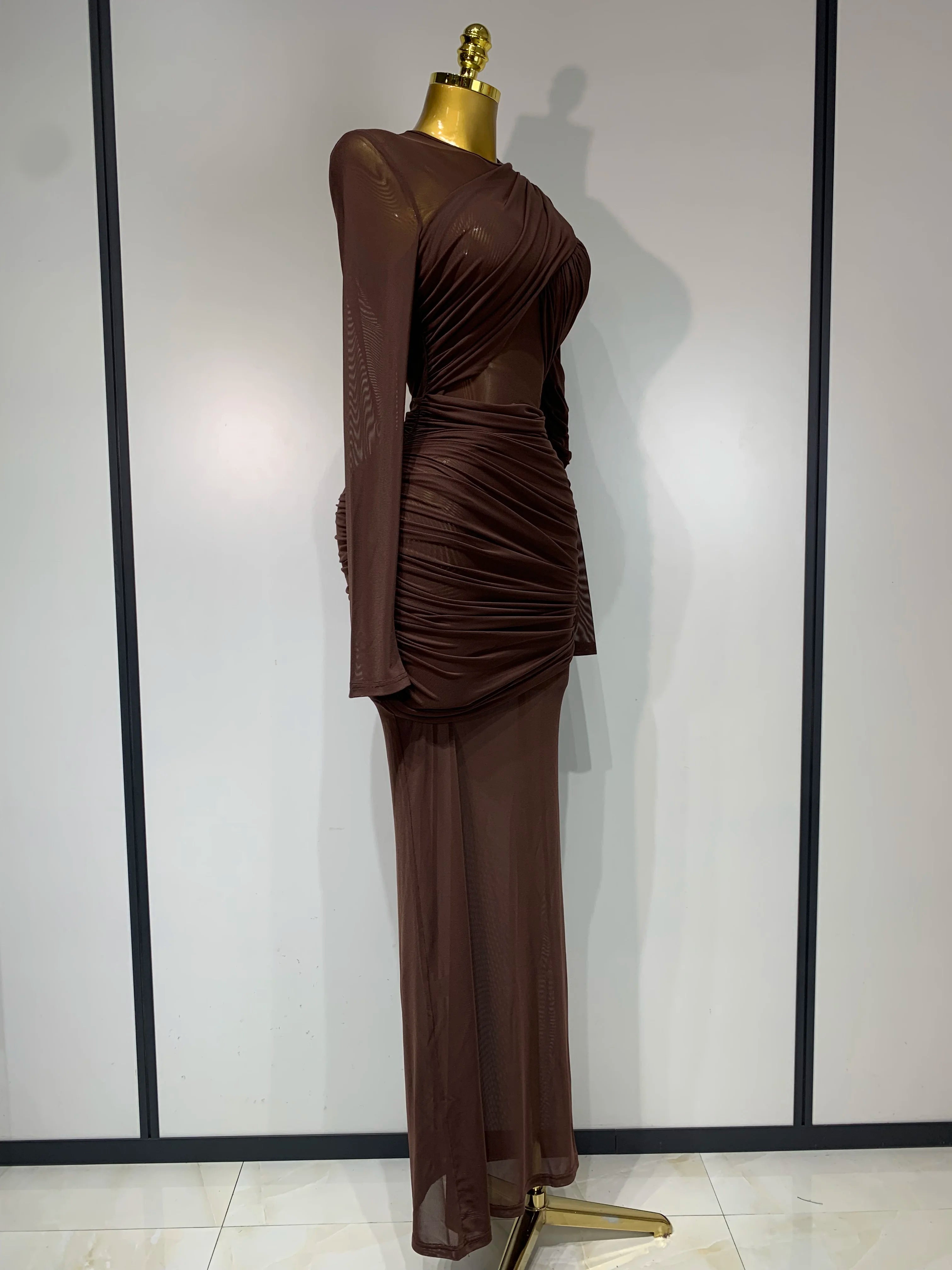 Elegant Brown Mesh Fold Long Sleeve Bodycon Dress Women 2025 Evening Party Club Sexy Perspective Fashion Luxury Birthday Dresses