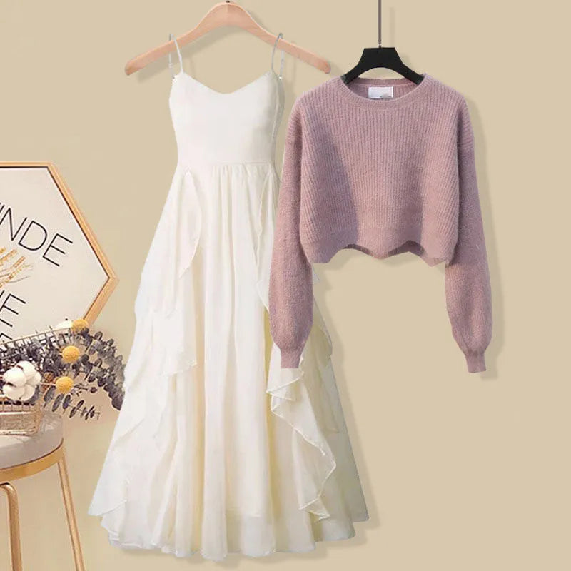 Women Spring Two Pieces Sets Korean Long Sleeve Knitted Sweater Cardigan And Ruffles Patchwork Mesh Long Dress Suit picture 2