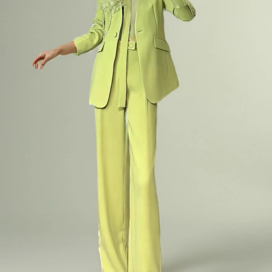 TWOTWINSTYLE Solid Elegant Two Piece Sets for Women V Neck Long Sleeves Patchwork 3D Flower Top High Waist Pant Set Female New