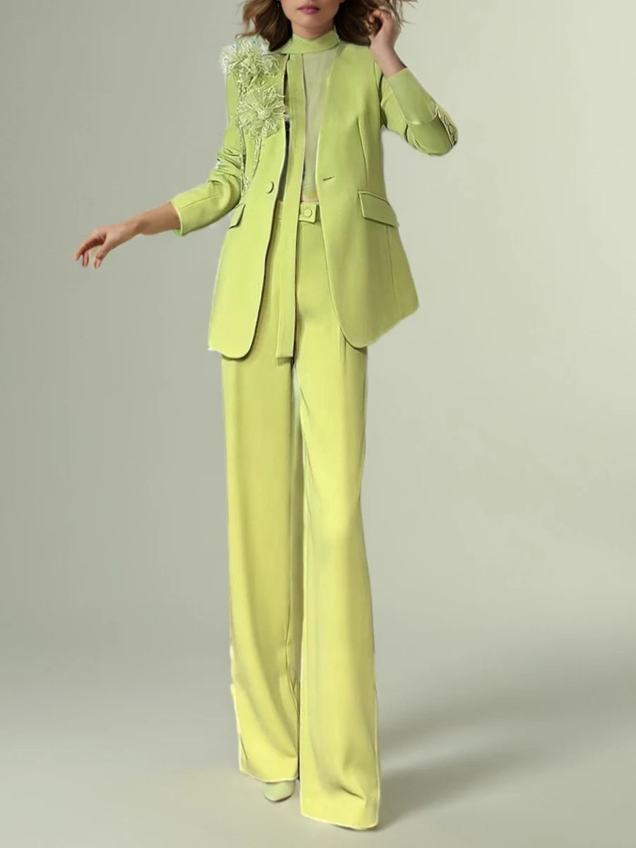 TWOTWINSTYLE Solid Elegant Two Piece Sets for Women V Neck Long Sleeves Patchwork 3D Flower Top High Waist Pant Set Female New