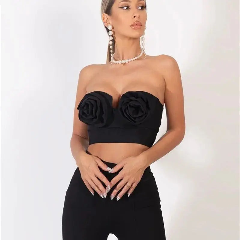 STOCK Stylish Sexy Woman Item Stereoscopic Flowers Strapless Top Summer Party Music Festival Vestido Holiday Vocation Outfit