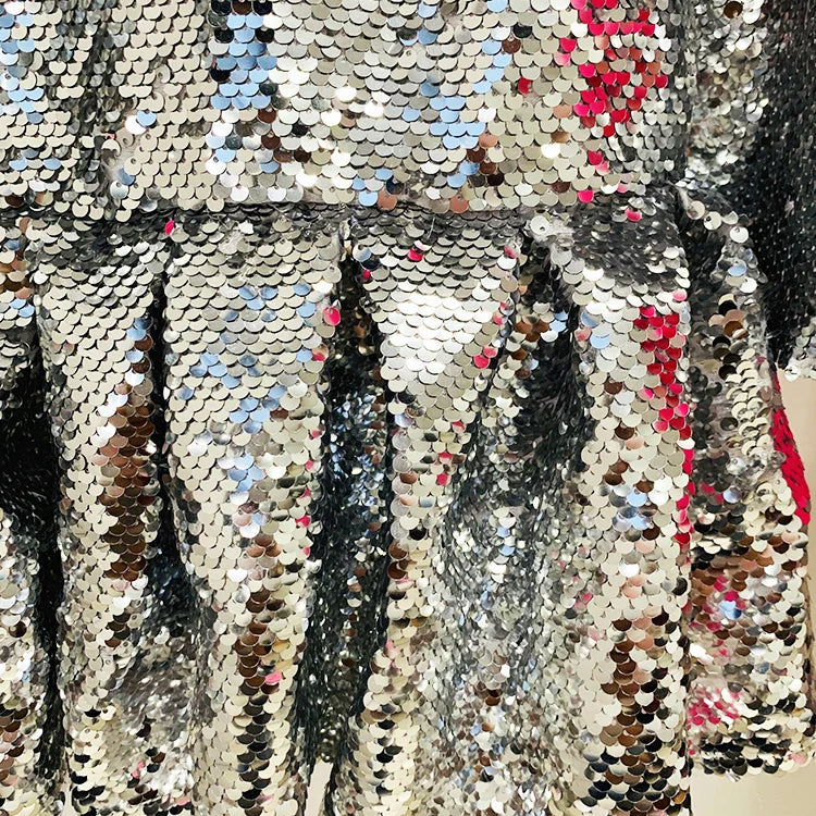 HIGH STREET Newest Fashion Designer Dress Women's Long Sleeve Glitter Sequined Ruffles Dress