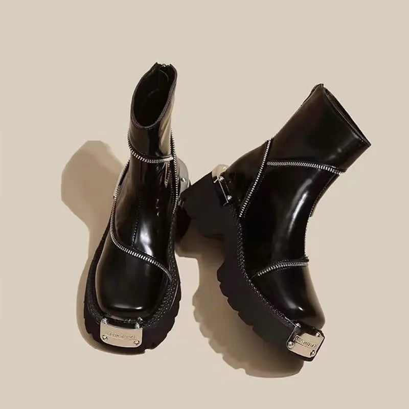 Spring 2024 Women Platform Shoes Mid Heels Brand Chelsea Boots Designer Gladiator Ankle Boots Pumps Punk Motorcycle Botas