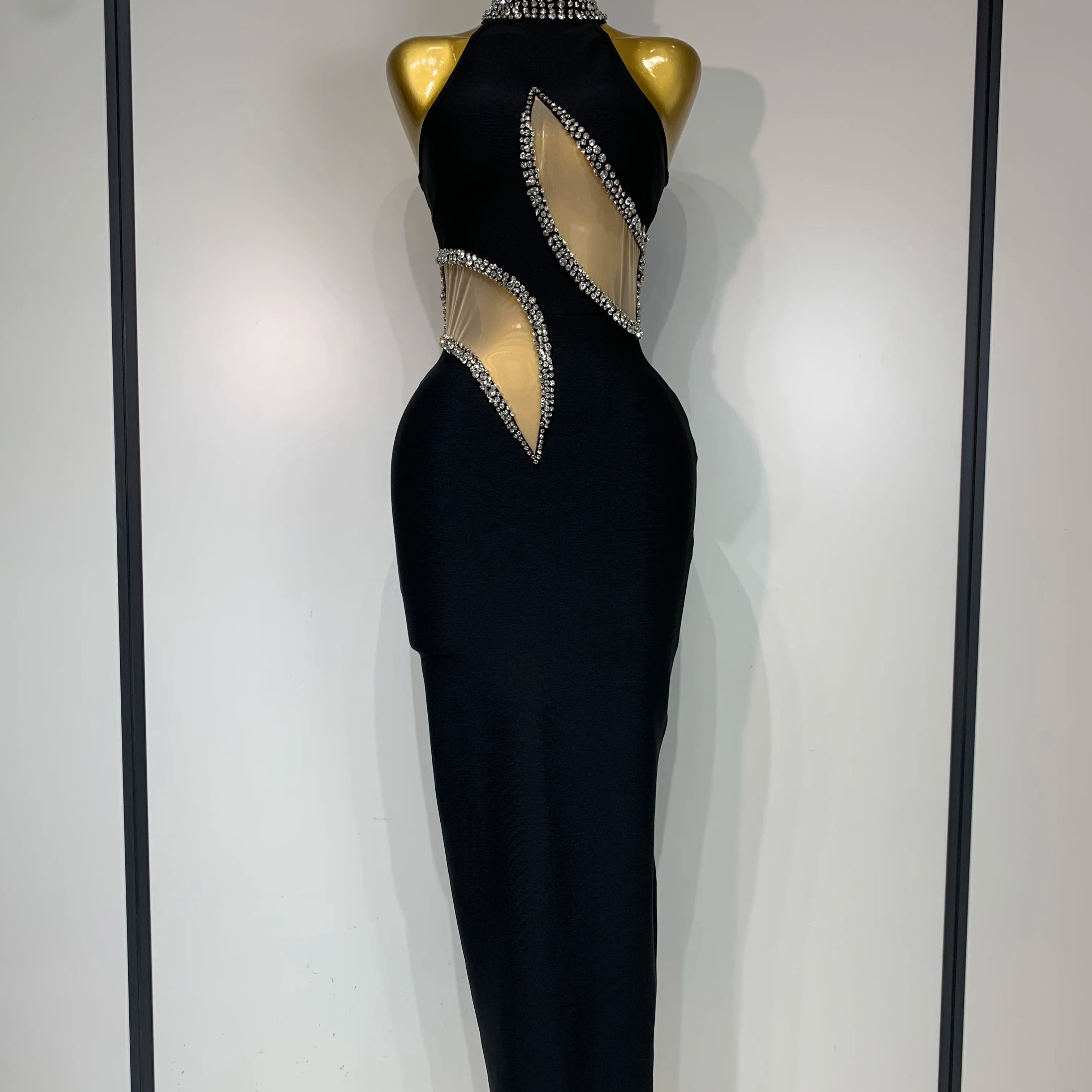 Women Sexy Rhinestone Black Sleeveless Mesh Patchwork New Arrival Stretch Bodycon Bandage Party Dresses Elegant Birthday Dress