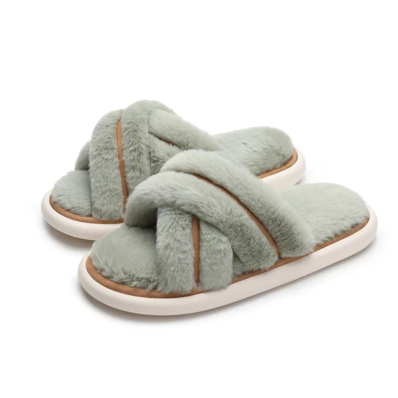 Winter Women Home Indoor Casual Slippers Female Flip Flops Fluffy Shoes Cross Design Slides Ladies Soft Warm Plush Slipper green