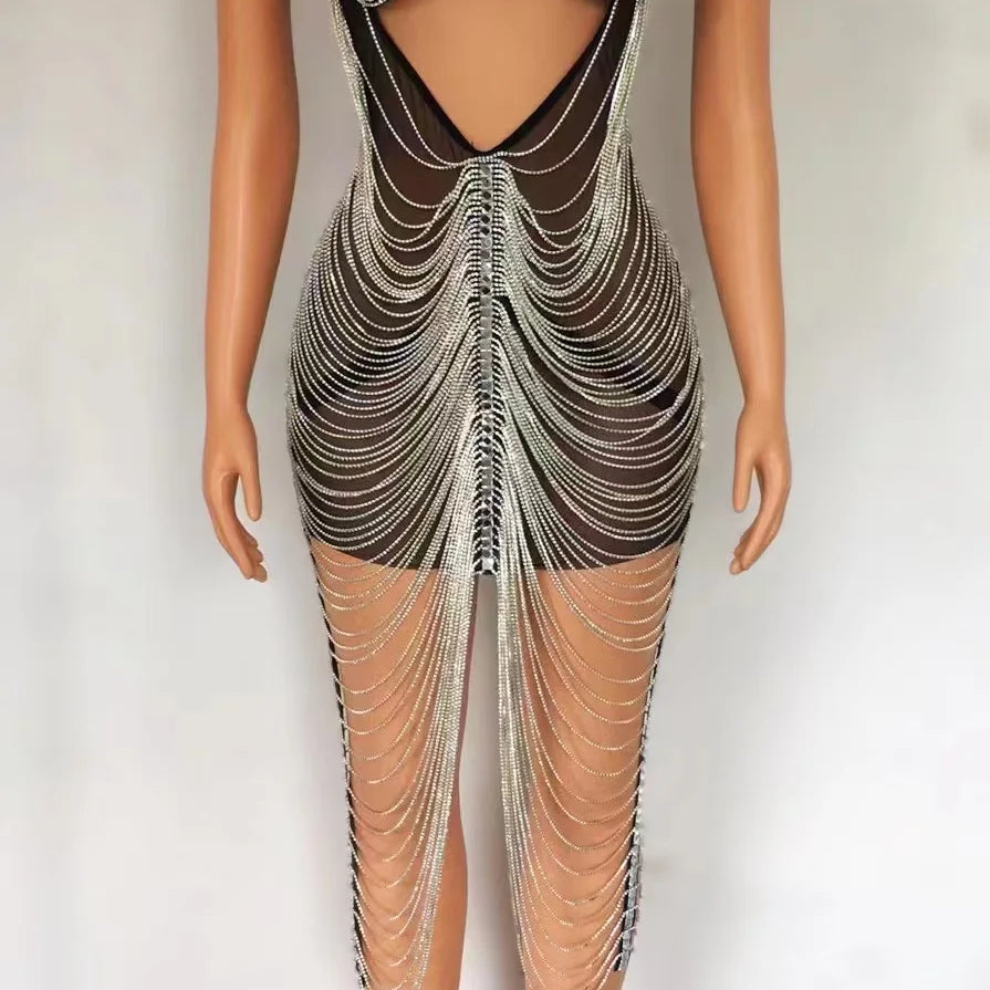 Hot Girls Sexy Dress Party Nightclub Show Showgirl Stage Performance Wear Bars Women's Luxury Rhinestone Chains Dress Xionghuai