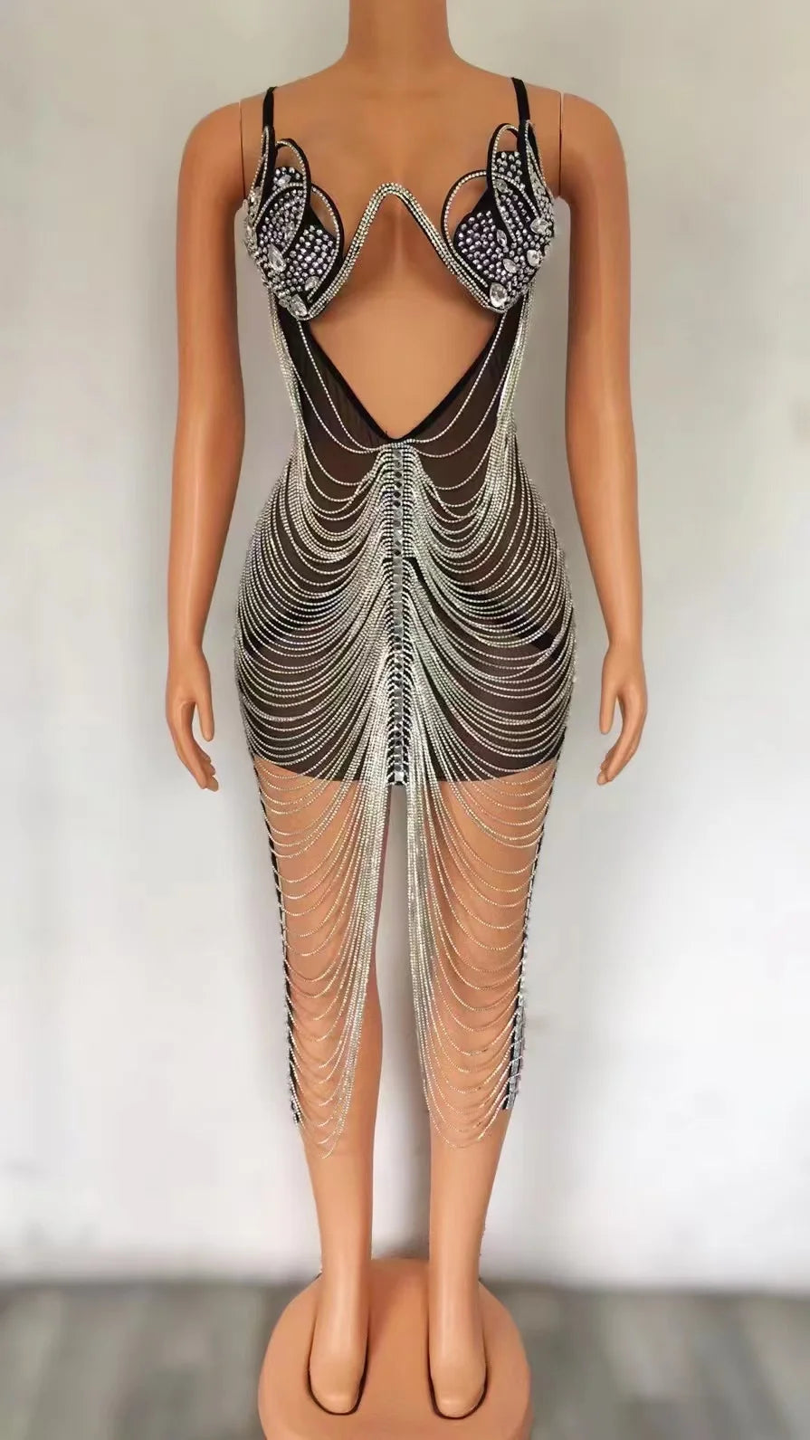 Hot Girls Sexy Dress Party Nightclub Show Showgirl Stage Performance Wear Bars Women's Luxury Rhinestone Chains Dress Xionghuai