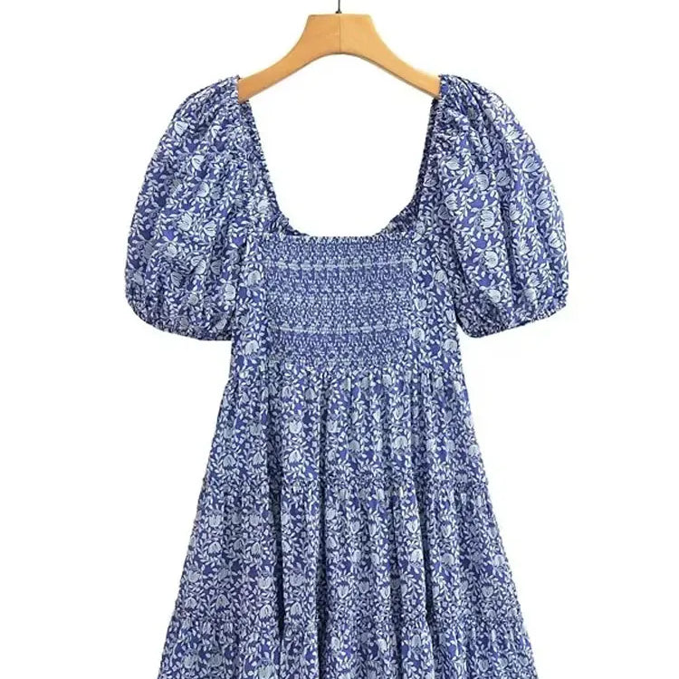 Sexy Square Neck Print Mini Dress Women Fashion Short Sleeve Slim Dresses Summer Casual Female Beach Party Vacation Vestido blue