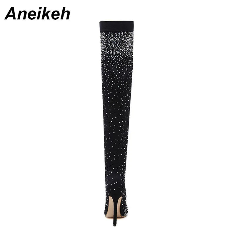 Sexy High Heels Sock Over-the-Knee Boots Pointed Toe Design Crystal Rhinestone Stretch Fabric Pole Dancing Women Shoes